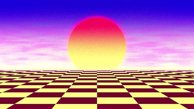 Retro Synthwave 80s Style Sunset Horizon with Checkerboard Floor.