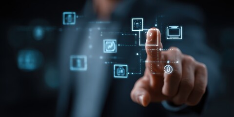 Fototapeta premium Hand interacting with holographic interface in office setting