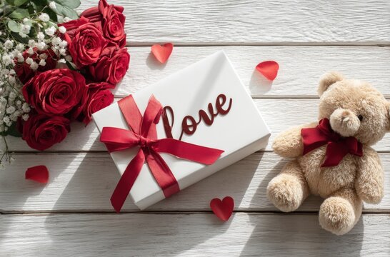 A white gift box with a red ribbon, a teddy bear, red roses, and heart confetti on a white wooden background, for a romantic, valentine surprise