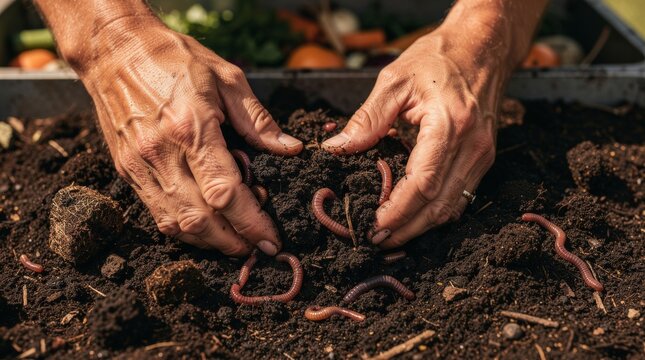 Hands tending to earthworms in rich compost soil