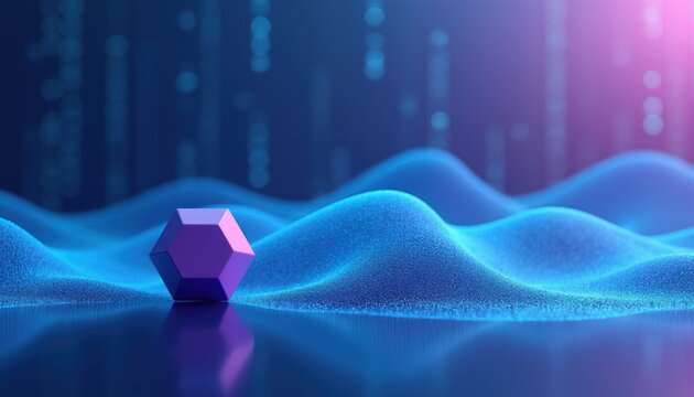 Abstract geometric shape on glowing blue waves background. Digital data stream with binary code elements. Futuristic concept of cybernetic space.