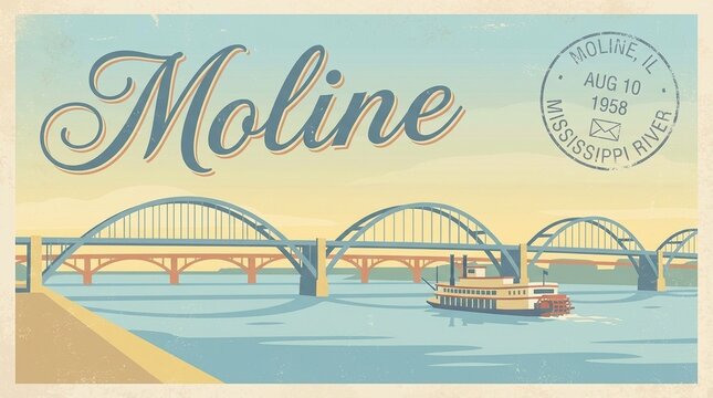 Vintage Moline Illinois Travel Postcard Illustration with Retro Mississippi River Steamboat and Arch Bridges, 1950s Mid-Century Style Graphic