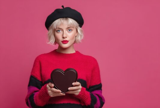 A young woman with blonde hair wearing a black beret and a red and black striped sweater holding a heart shaped box of chocolates on a pink background