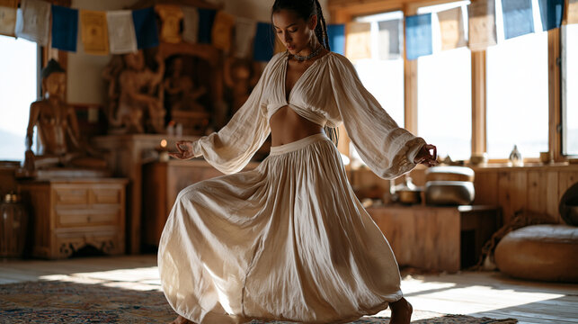 Ceremonial dance practitioner incorporating Indigenous sacred movement with Buddhist mudra gestures during private dawn practice, textile prayer flags and carved wooden figures on