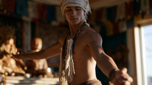 Ceremonial dance practitioner incorporating Indigenous sacred movement with Buddhist mudra gestures during private dawn practice, textile prayer flags and carved wooden figures on