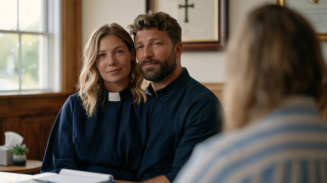 Pastoral counselor with professional notepad listening attentively to distressed parishioner in warmly furnished office, framed faith credentials on wall, tissue box and small