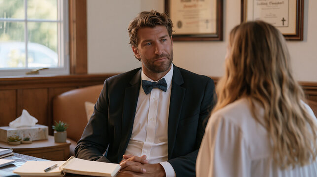 Pastoral counselor with professional notepad listening attentively to distressed parishioner in warmly furnished office, framed faith credentials on wall, tissue box and small