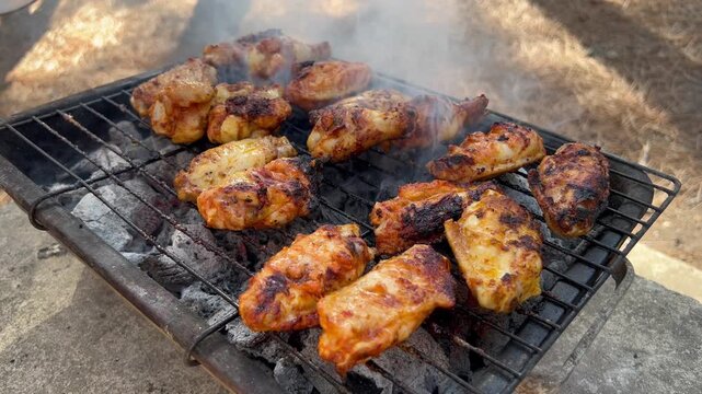 Marinated chicken wings sizzling and smoking on hot charcoal grill during outdoor barbecue backyard cooking picnic.