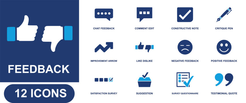 Feedback icon set. Containing chat comment, constructive note, critique pen, like dislike, positive review, survey questionnaire, testimonial quote and more. Solid fill vector icons.