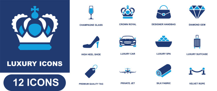 Luxury icon set. Containing champagne glass, royal crown, designer handbag, diamond gem, high heel, luxury car, private jet, silk fabric, velvet rope and more. Solid fill vector icons.