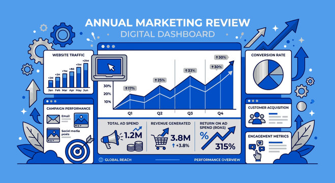 Annual Marketing Review Digital Dashboard Showing Key Performance Indicators