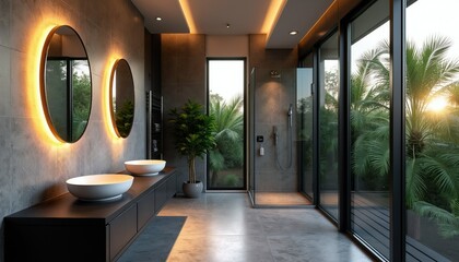 Obraz premium Modern luxury bathroom features double sinks, illuminated mirrors, glass shower stall, and large windows with tropical palm view. Relaxing spa oasis with elegant design and natural light.