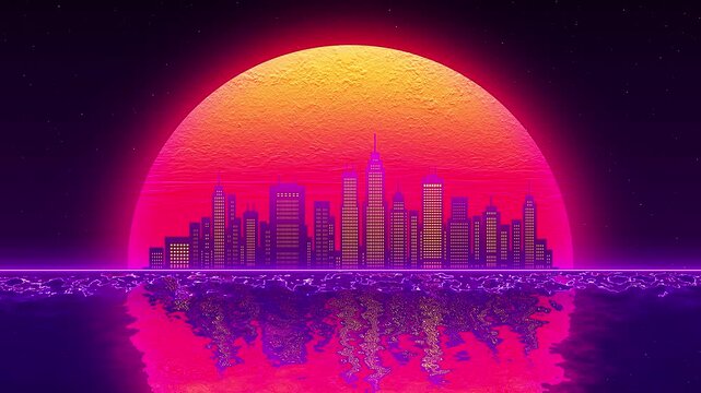 Retro synthwave cityscape with giant glowing sun and reflection.