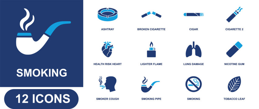 Smoking icon set. Containing ashtray, broken cigarette, cigar, health risk heart, lighter flame, lung damage, nicotine gum, no smoking sign, tobacco leaf and more. Solid fill vector icons.