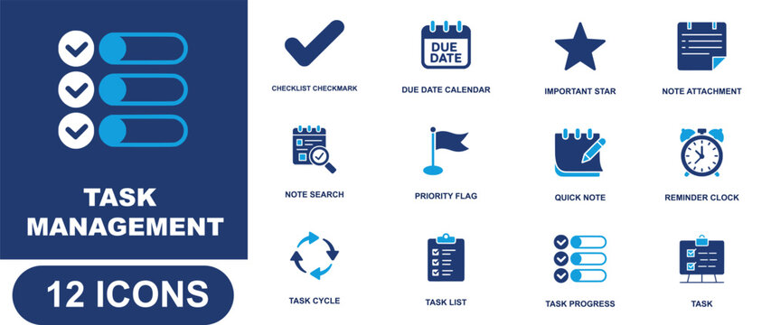 Task management icon set. Containing checklist checkmark, due date calendar, priority flag, reminder clock, task list, task progress, quick note, note attachment and more. Solid fill vector icons.