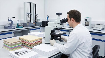 Obraz premium Man scientist using microscope to analyze paper sample in quality control laboratory. Paper and cardboard industry testing process. Professional quality assurance and material research.
