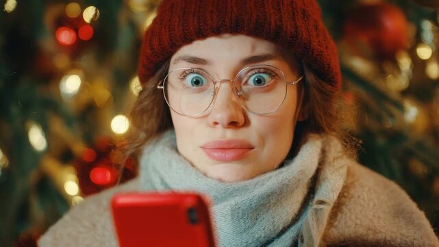 Surprised young woman wearing a winter hat and glasses looking at her smartphone screen in front of a decorated Christmas tree during the holidays