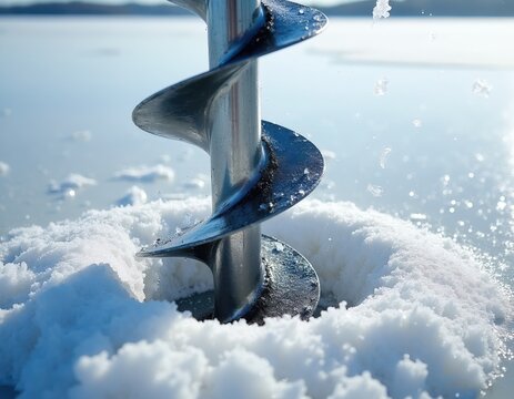 Metal ice auger cuts hole in frozen lake surface. Snow and ice chips fly from spinning drill bit. Clear sky and water reflection with distant land.