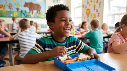 Fototapeta premium Happy elementary schoolboy enjoying a healthy lunch in a vibrant classroom, captured in a high-quality, eye-level medium shot.