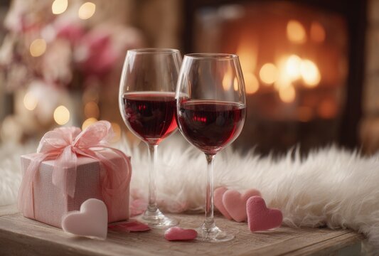 Two glasses of red wine and a pink gift box with hearts on a wooden table in front of a warm fireplace for a romantic valentine's day evening