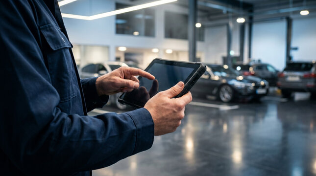 Technician using digital tablet for inspecting luxury cars in clean modern dealership showroom floor with bright overhead lighting and professional automotive business environment.