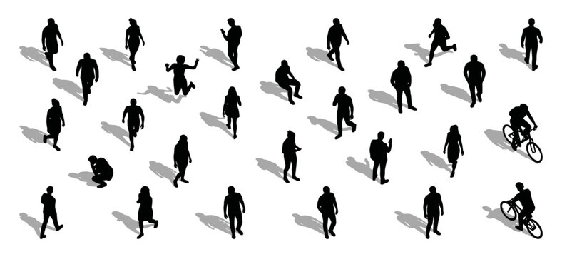People silhouettes standing and walking in top view | Diverse crowd characters with shadows | Isometric vector illustration