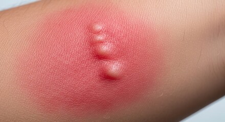 Fototapeta premium Skin rash with swollen red bumps on arm showing irritation and inflammation. Skin condition includes raised welts with redness and possible allergic reaction.