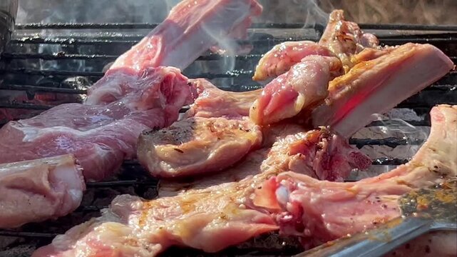 Fresh lamb rib chops sizzling and smoking on hot outdoor charcoal grill during backyard barbecue picnic.