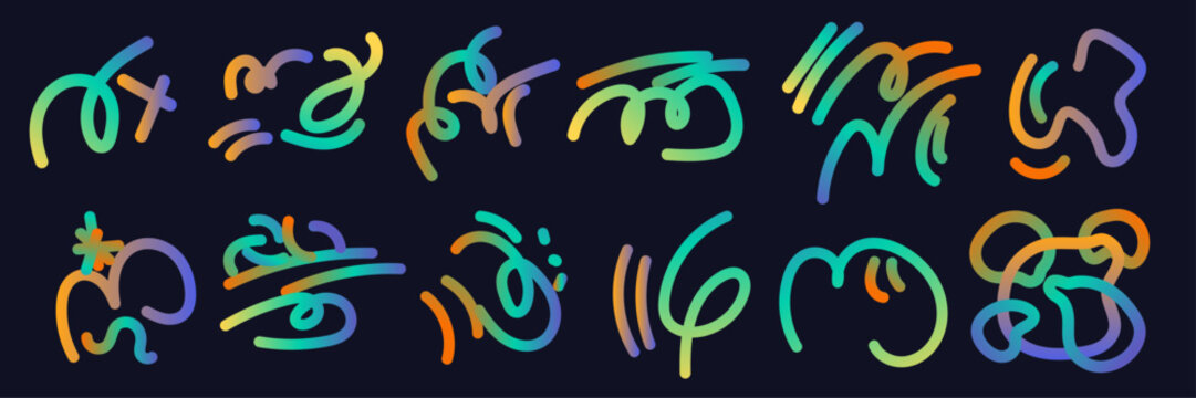 Colorful Abstract Gradient Squiggle Shapes Set with Organic Curved Lines, Fluid Doodle Elements and Creative Decorative Design Objects