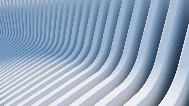 Abstract white 3D rendering of parallel curved geometric lines in a repetitive pattern. Ideal for sleek technology backdrops, modern user interface wallpapers, and web headers