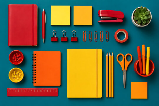 Colorful office supplies and stationery flat lay, red and yellow school accessories, creative workspace organization isolated on White Background ai
