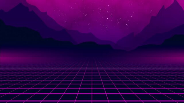 Retro synthwave landscape with glowing neon grid floor and dark starry night sky.