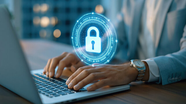 Businessman typing on laptop with glowing security lock hologram symbolizing data protection and cybersecurity urgency