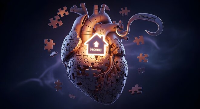 Anatomical Heart with Puzzle Pieces and Home Icon, Symbolizing Love and Belonging