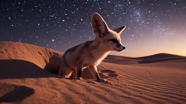 Fennec Fox Emerges from Burrow Under Starry Desert Night Sky