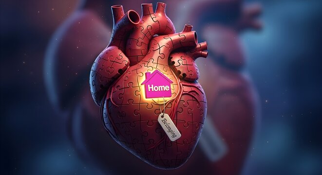 Anatomical Heart with 'Home' Tag and House Symbol, Symbolizing Love and Belonging