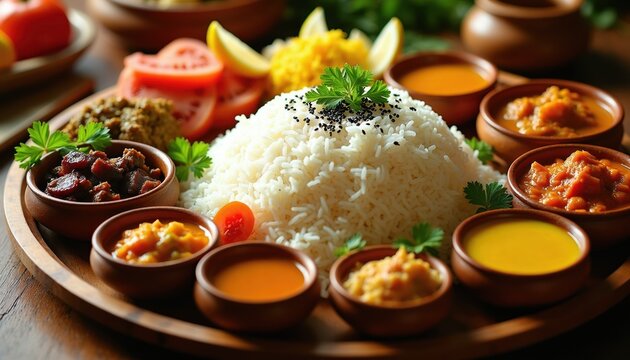 Traditional Indian Onam Sadya meal served on banana leaf. Vegetarian food with rice, curries, sambar, rasam and side dishes. Kerala cuisine celebration with colorful assortment of dishes.