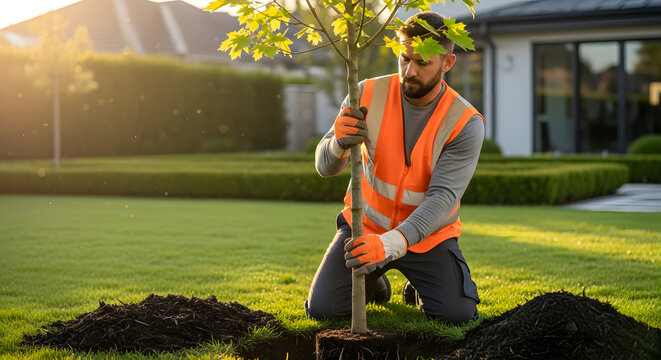 Professional Male Landscaper Planting a Young Tree in Luxury Backyard Garden