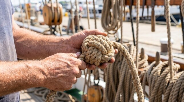Sailor with weathered hands tying a complex decorative monkey fist knot with thick natural hemp rope