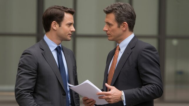 Businessmen in formal suits discuss important documents while standing outside a modern office building during a productive workday meeting.