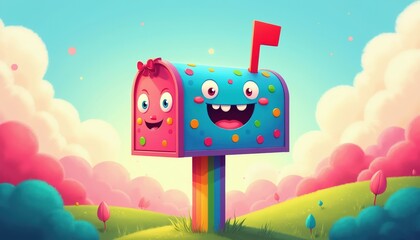 Fototapeta premium Cute cartoon mailbox with happy face. This whimsical character sits on a rainbow post in a fantasy landscape. Features colorful dots and a red flag on a bright sky background.