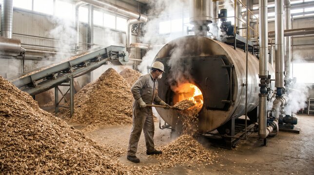 Man worker shoveling wood chips into large industrial furnace. Paper and cardboard production plant. Manufacturing process of renewable biofuel from biomass for eco friendly energy.