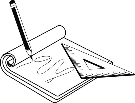 Pencil drawing on a notepad with a triangle ruler