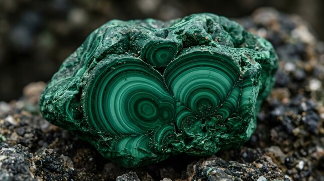 Polished malachite stone featuring vibrant green concentric circular patterns and rich textures on transparent background