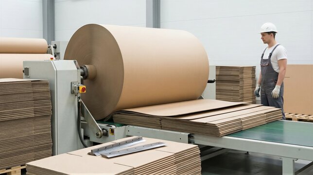Man in protective helmet and overalls operates an industrial paper machine to produce cardboard sheets. Factory worker working in a paper mill for manufacturing and recycling industry.