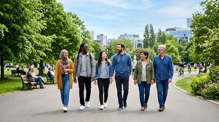 Fototapeta premium A diverse group of six people walking and talking together along a park path, with trees, benches, and city buildings in the background.