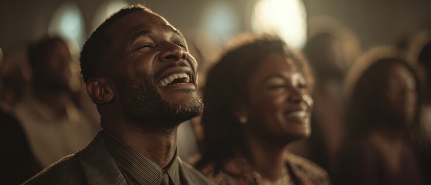 Casal de brasileiros negros cantando com profunda emo&ccedil;&atilde;o e devo&ccedil;&atilde;o durante culto crist&atilde;o contempor&acirc;neo. Conceito de adora&ccedil;&atilde;o intensa e f&eacute; com ilumina&ccedil;&atilde;o cinematogr&aacute;fica quente