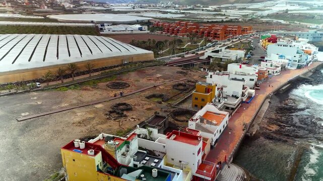 Aerial view of La Guancha archaeological zone and Galdar town, Gran Canaria