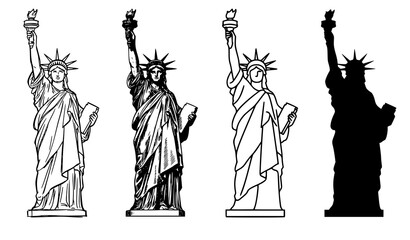 SEO Title: Statue of Liberty Illustration Set Hand Drawn Ink Outline and Flat Vector Collection Isolated on White © Fatik