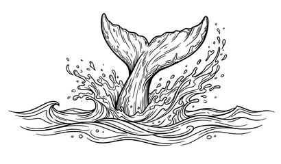 SEO Title: Whale Tail and Ocean Splash Hand Drawn Black White Vector Illustration Isolated on White © Fatik